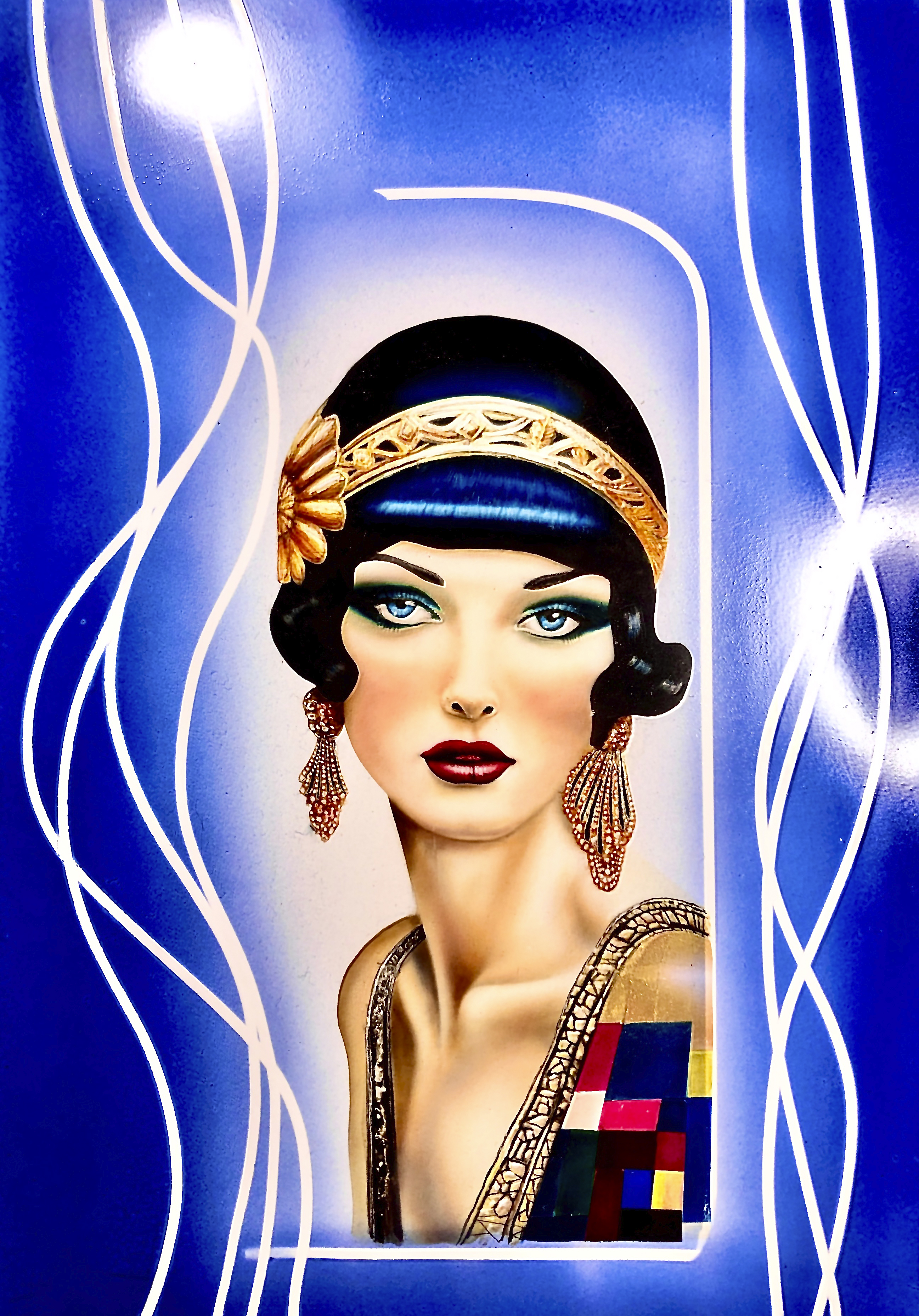 peinture sur papier, belle époque, portrait femme peinture sur papier, aérographe, portrait femme, belle époque, bijoux, fond bleu #decorshd